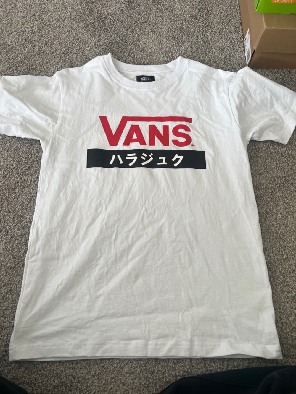 Vans White Tee with Red Logo and Black Graphic